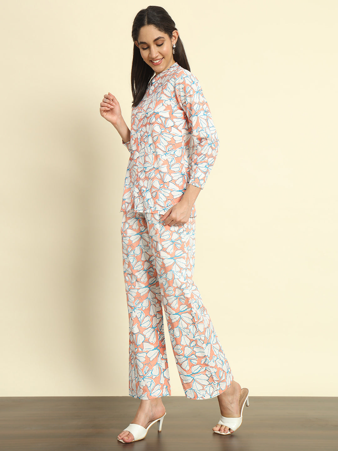 Floral Mandarin Collar Linen Co-ords