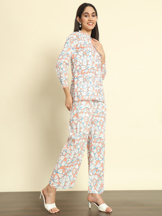 Floral Mandarin Collar Linen Co-ords