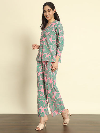 Pink Leafy V Neck Printed Co-ords