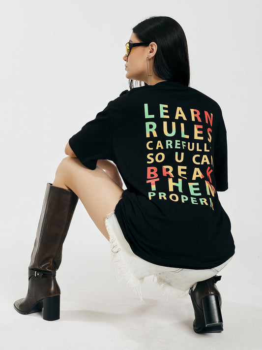 Learn Rules Printed Black Oversized T-Shirt