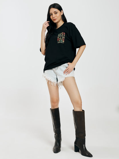 Learn Rules Printed Black Oversized T-Shirt