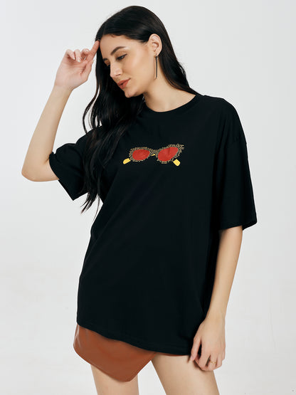 Cat Chilling Printed Black Oversized T-Shirt