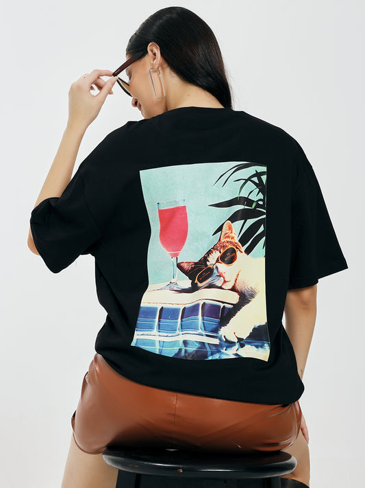 Cat Chilling Printed Black Oversized T-Shirt