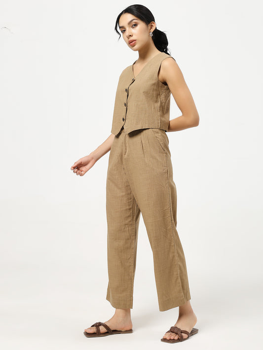 Brown - Linen Blend Waistcoat And Trousers Co-Ord Set