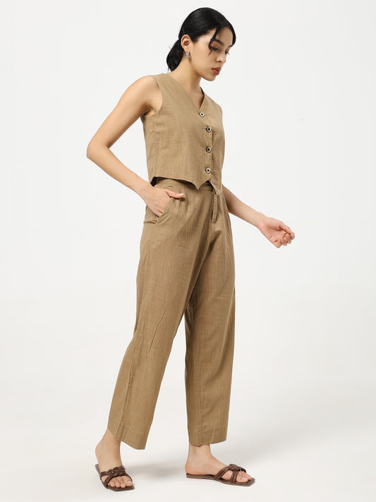 Brown Linen Blend Straight Fit Pants