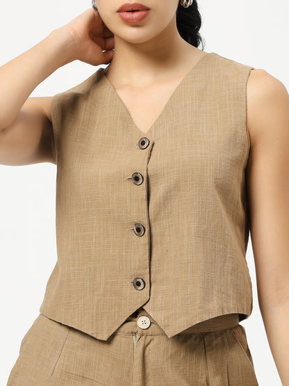 Brown - Linen Blend Waistcoat