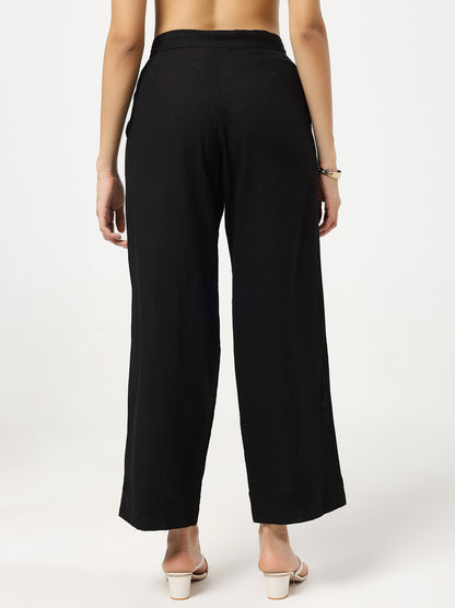 Black Linen Blend Straight Fit Pants