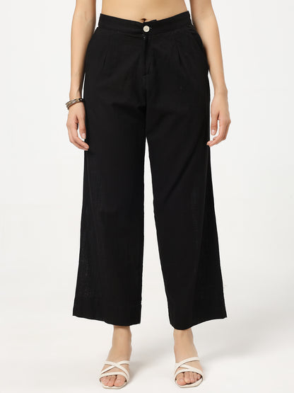 Black Linen Blend Straight Fit Pants