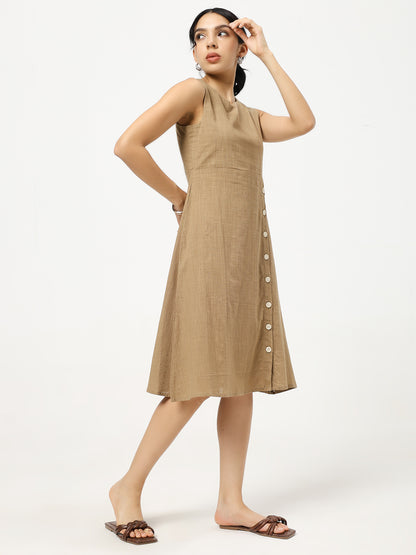 Brown Buttoned A-Line Dress