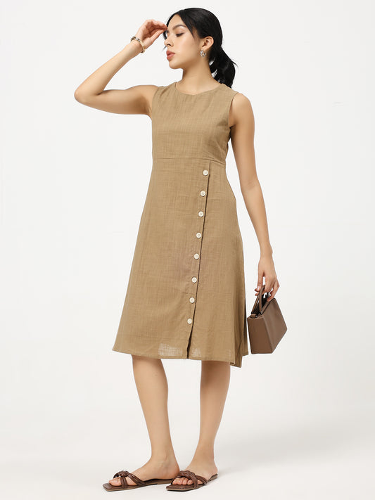 Brown Buttoned A-Line Dress