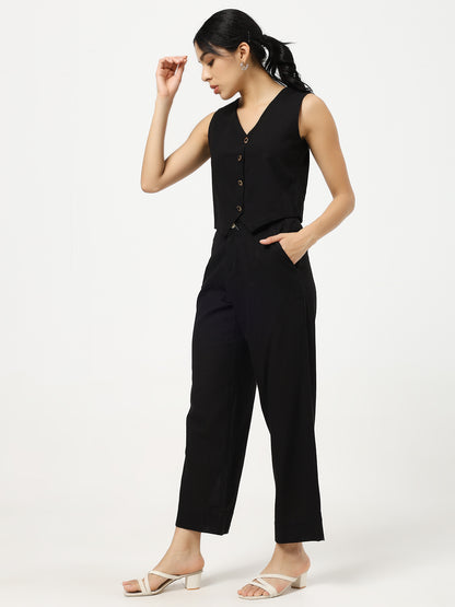 Black - Linen Blend Waistcoat And Trousers Co-Ord Set
