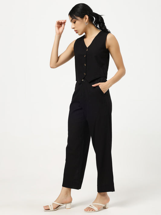 Black Linen Blend Straight Fit Pants