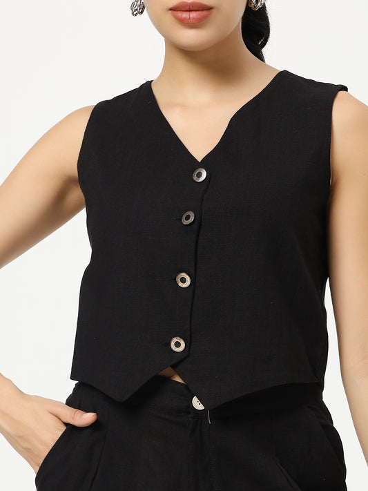 Black - Linen Blend Waistcoat