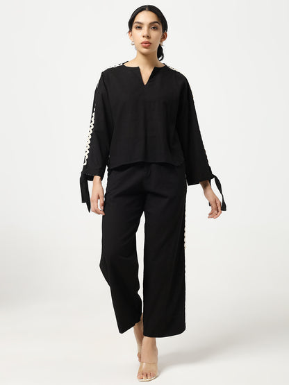 Black - Linen Blend Laced Co-Ord Set