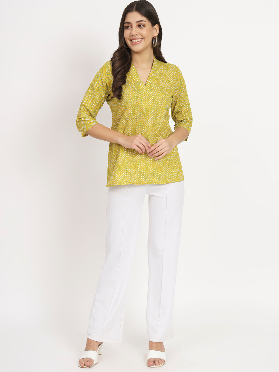 V Neck Block Printed Short Kurti