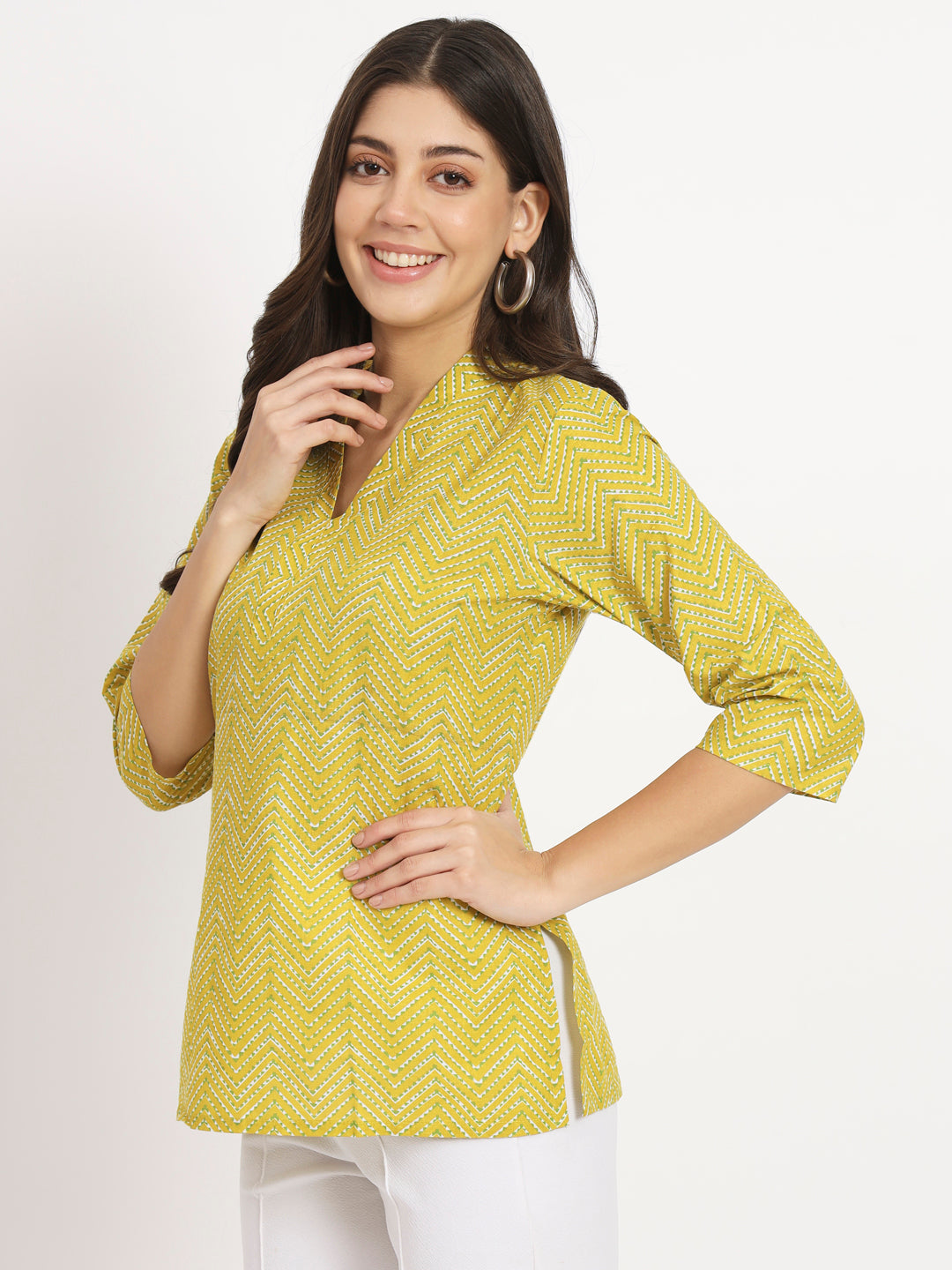 V Neck Block Printed Short Kurti