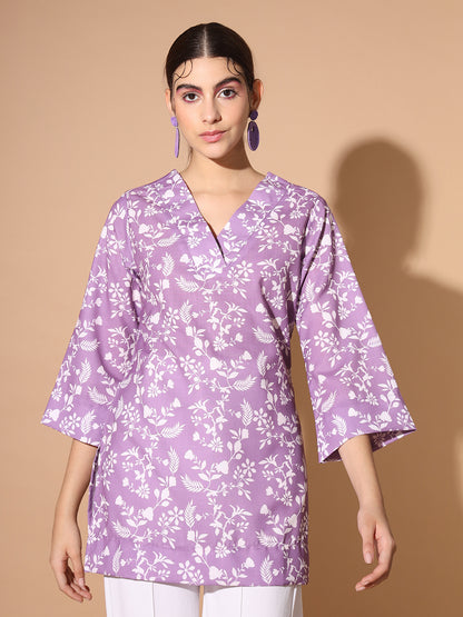 Floral V-Neck Linen Short Kurti