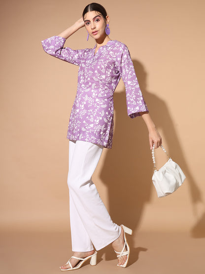 Floral V-Neck Linen Short Kurti