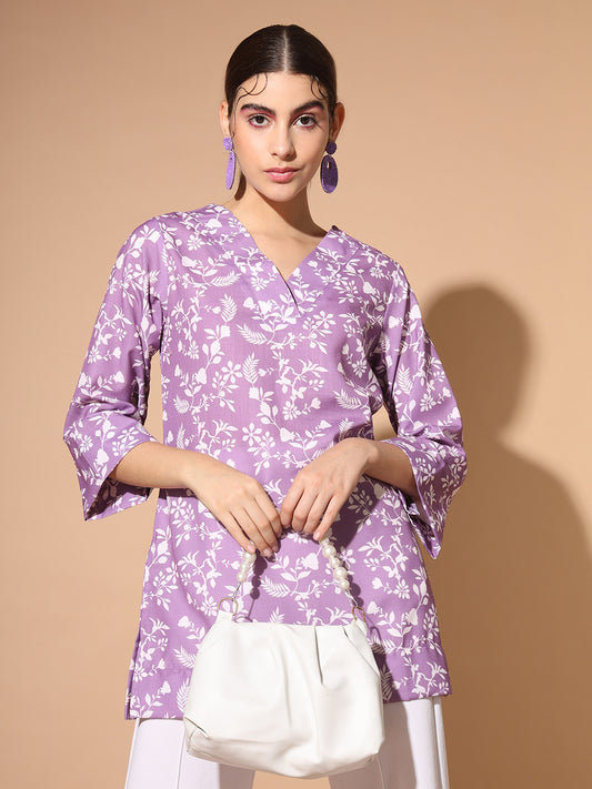 Floral V-Neck Linen Short Kurti