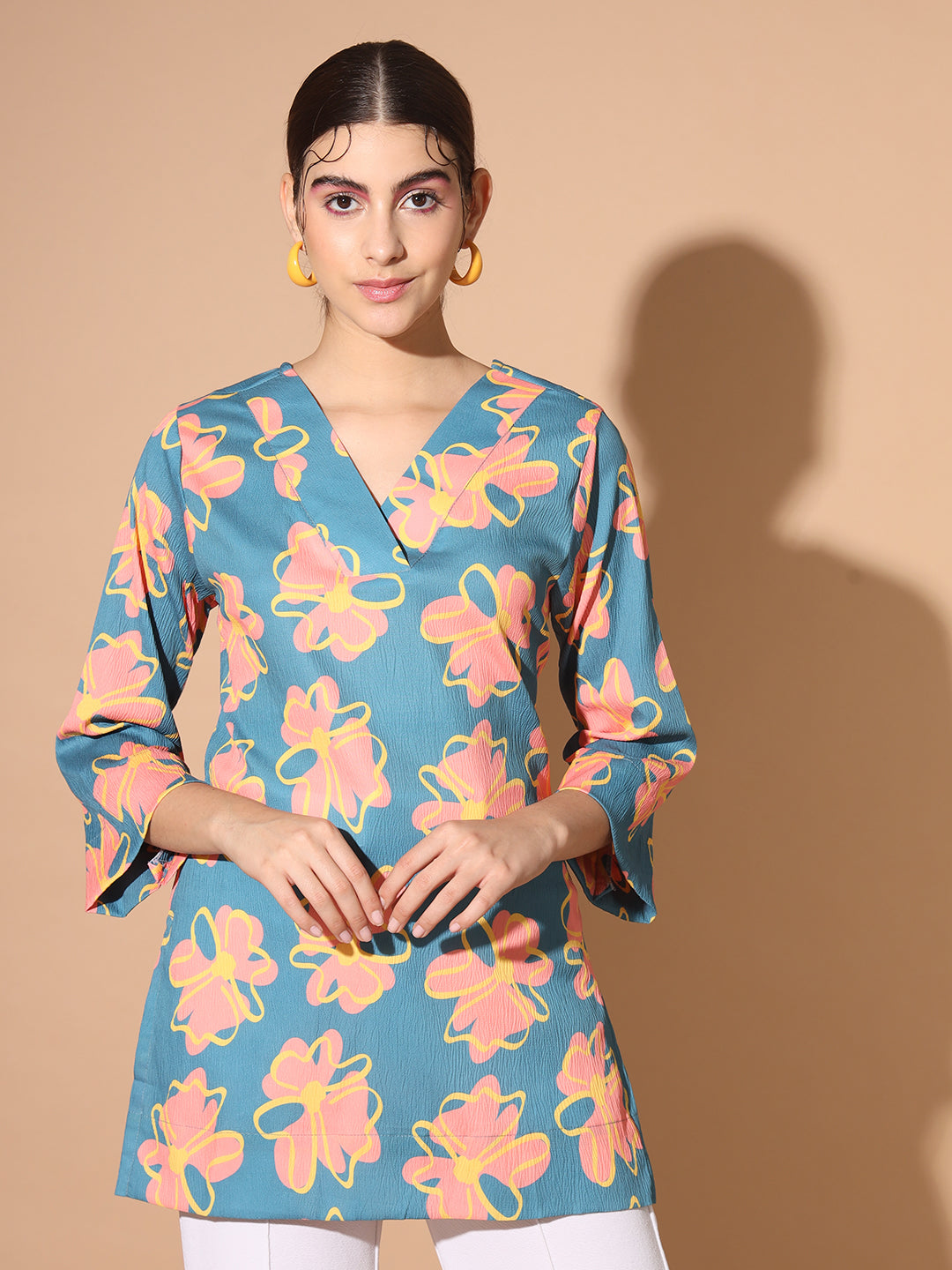 Floral V-Neck Wrinkled Kurti