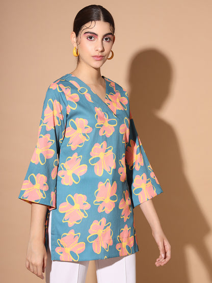 Floral V-Neck Wrinkled Tunic