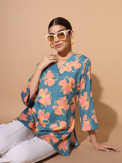 Floral V-Neck Wrinkled Kurti