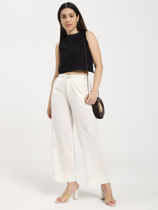 Off White Linen Blend Straight Fit Pants