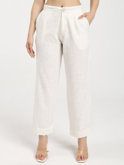 Off White Linen Blend Straight Fit Pants