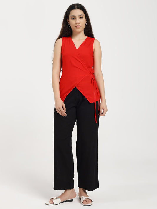 Red Wrap Around Top & Trousers Co-Ord Set