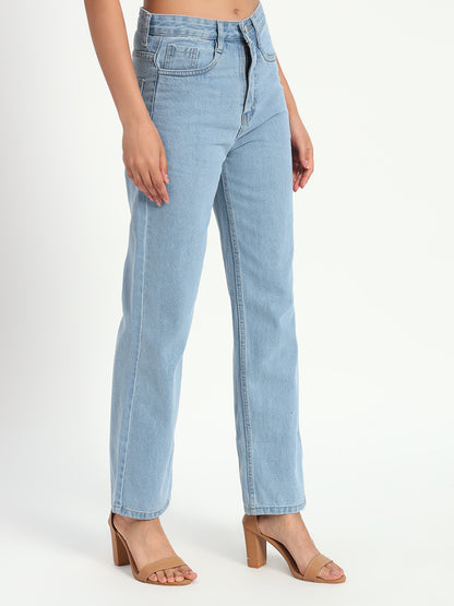 Blue Denim Straight Fit Wide Leg Jeans