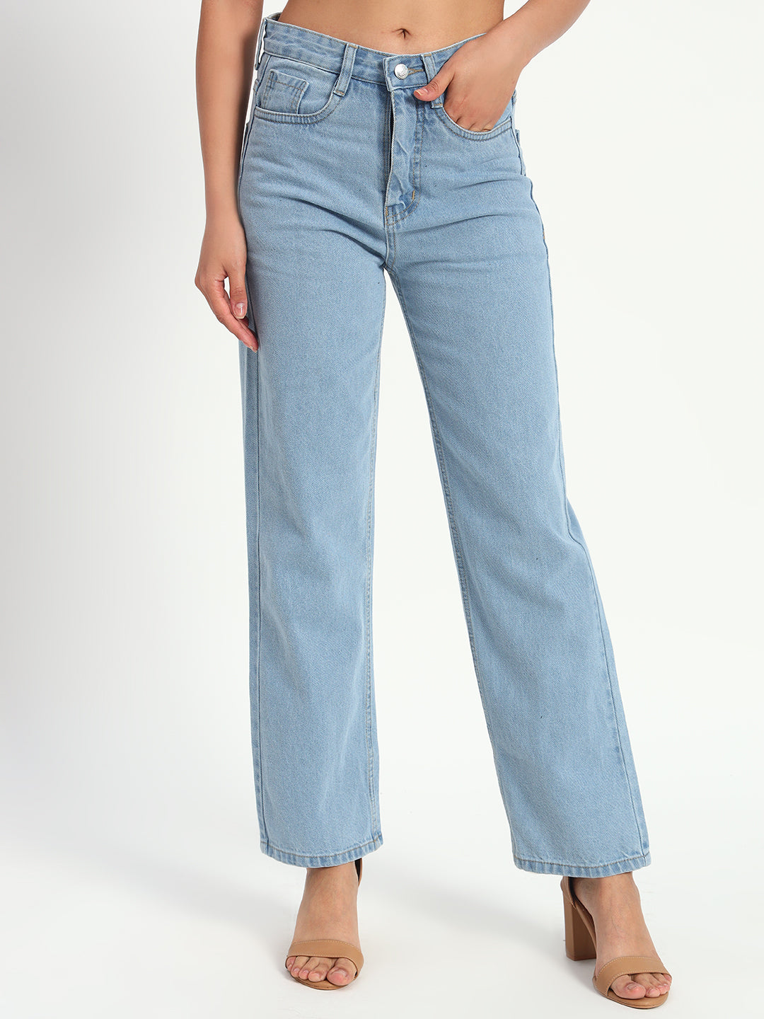 Blue Denim Straight Fit Wide Leg Jeans