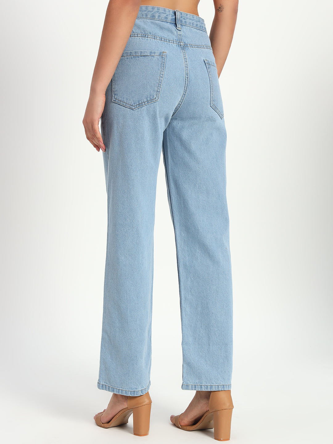 Blue Denim Straight Fit Wide Leg Jeans