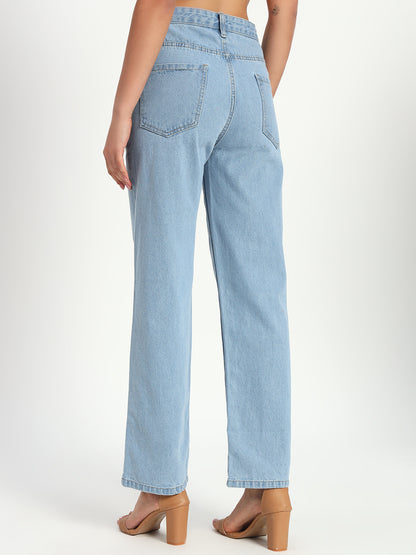 Blue Denim Straight Fit Wide Leg Jeans