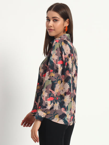 Brown Floral Print Satin Shirt