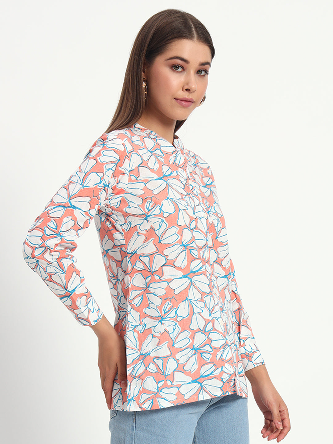 Floral Mandarin Collar Linen Shirt