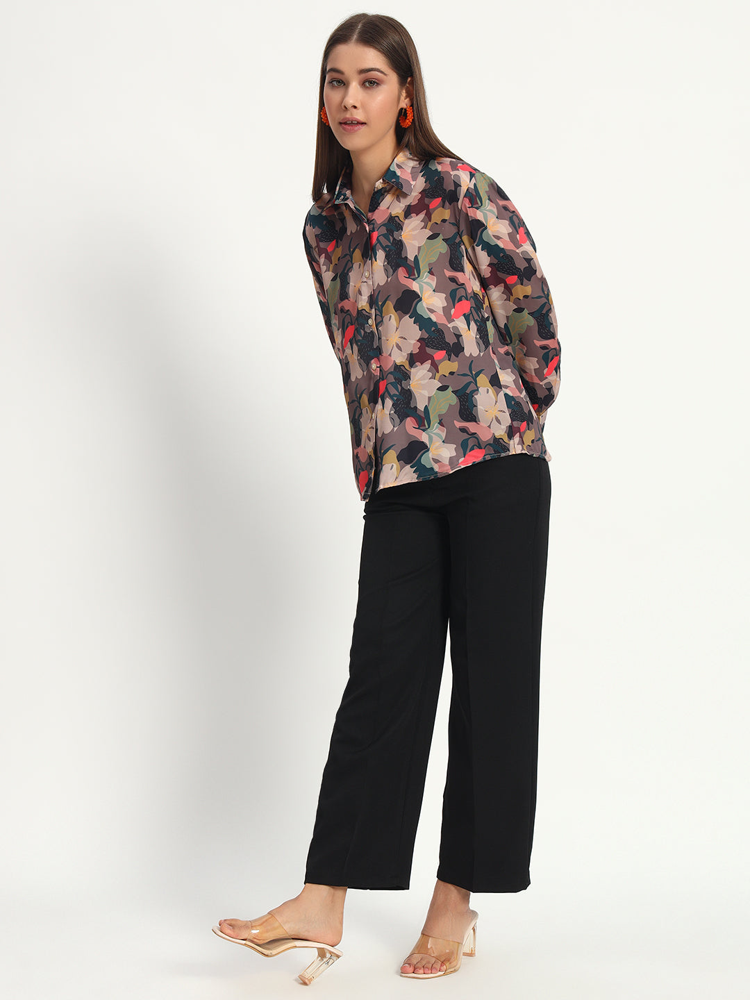 Brown Floral Print Satin Shirt