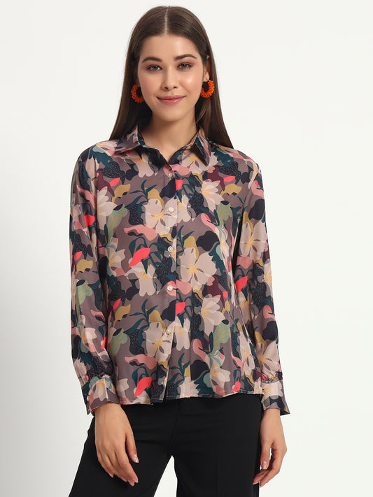 Brown Floral Print Satin Shirt