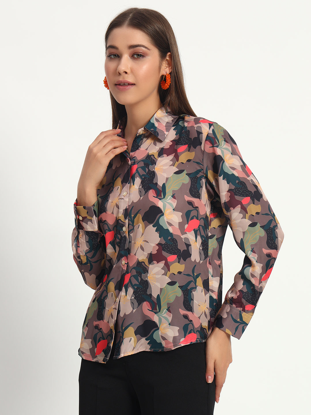 Brown Floral Print Satin Shirt