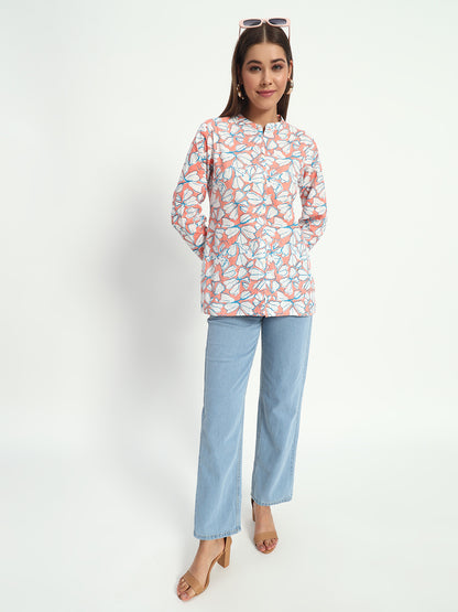 Floral Mandarin Collar Linen Shirt