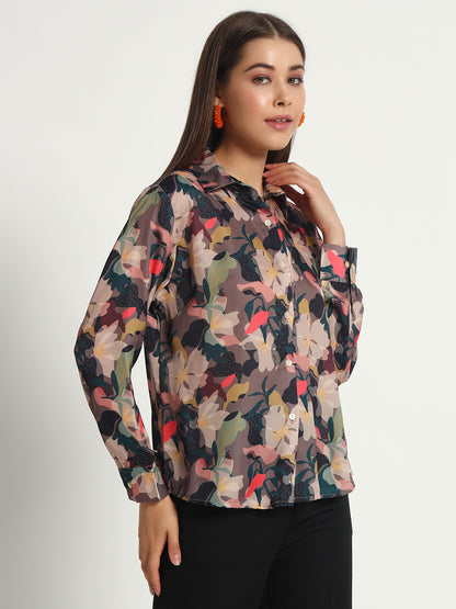 Brown Floral Print Satin Shirt