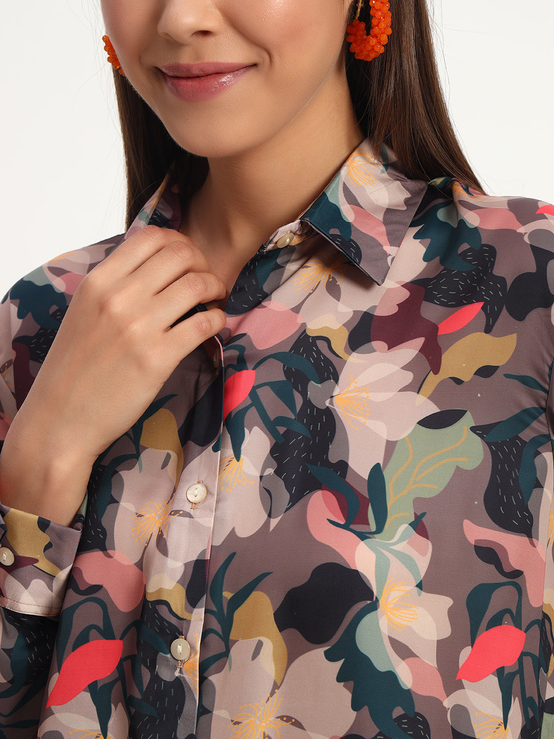 Brown Floral Print Satin Shirt