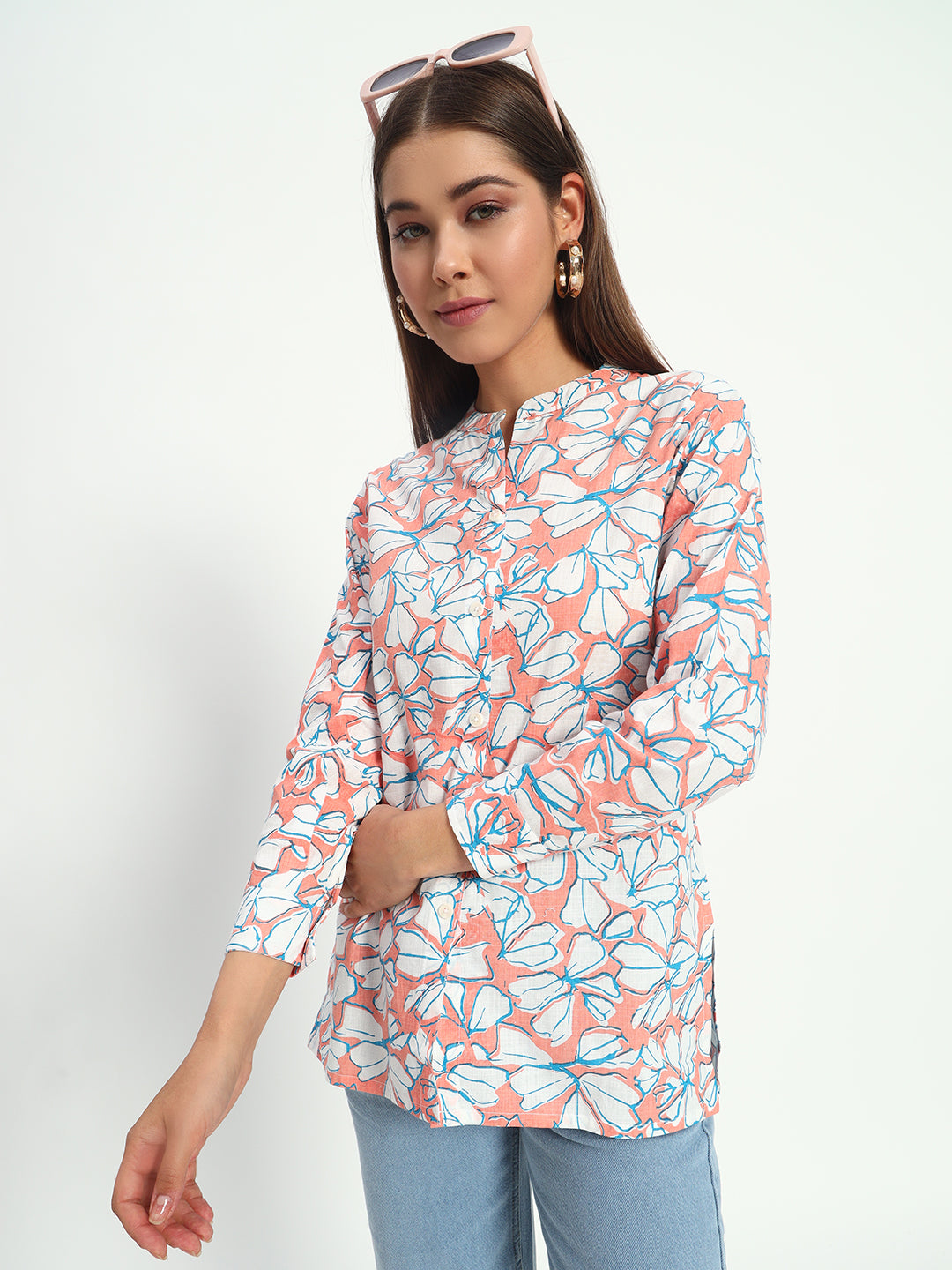 Floral Mandarin Collar Linen Shirt