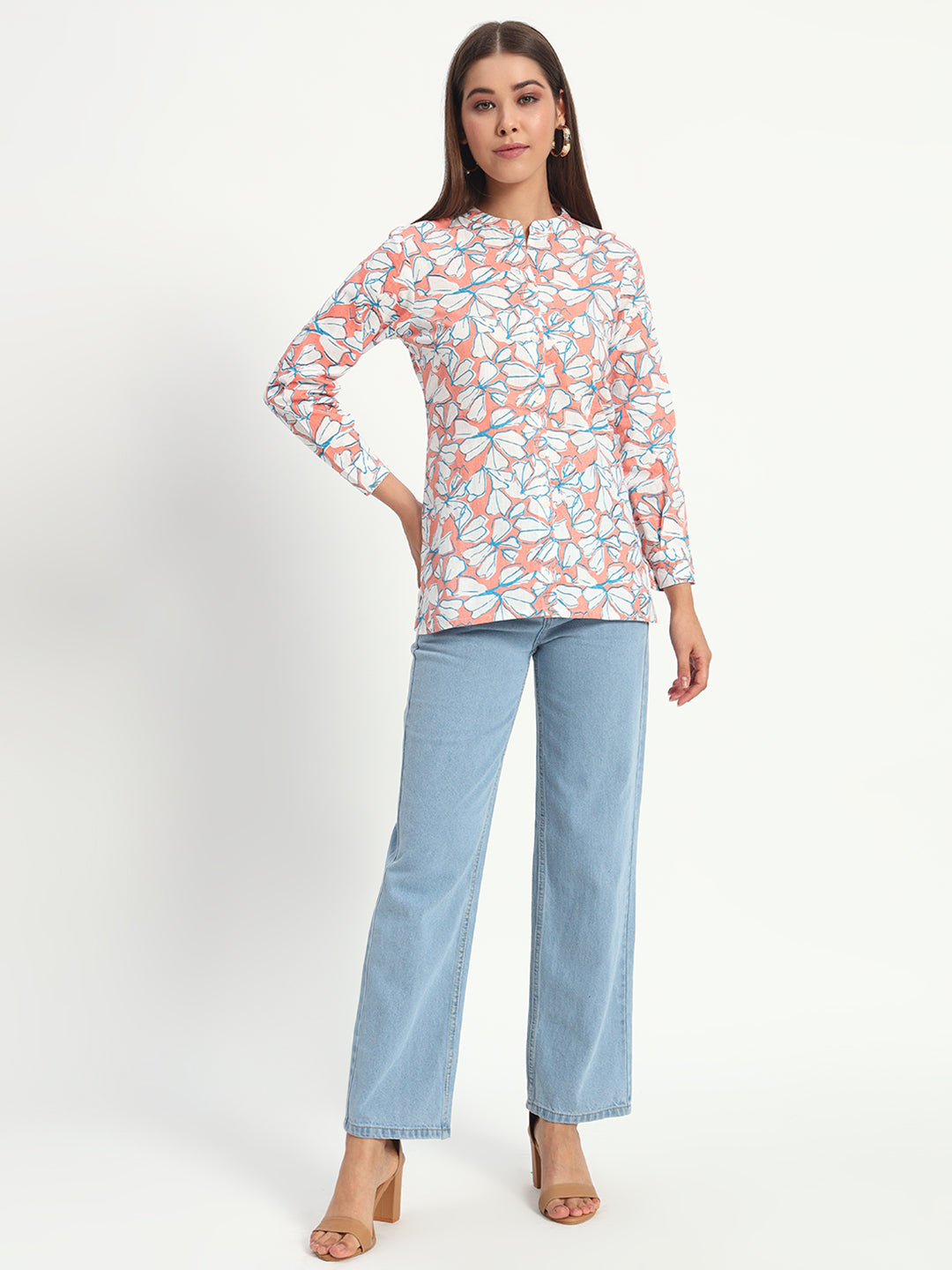 Floral Mandarin Collar Linen Shirt