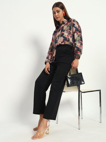 Brown Floral Print Satin Shirt