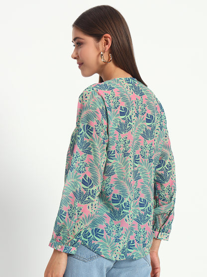 Bright Pink Leafy Print Shirt