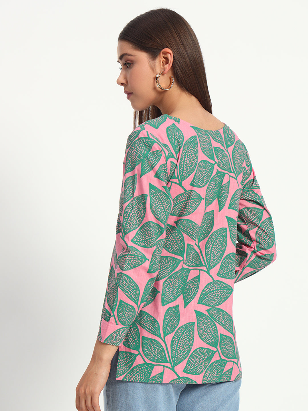 Pink Leafy V Neck Printed Shirt