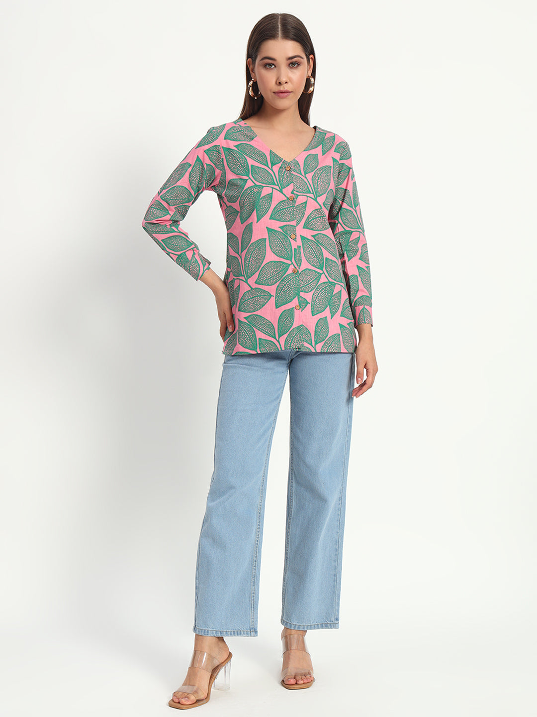 Pink Leafy V Neck Printed Shirt