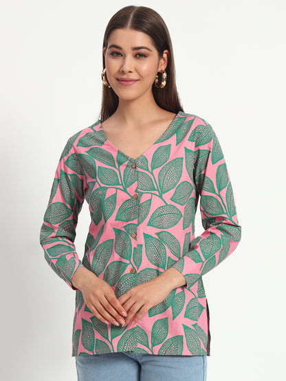 Pink Leafy V Neck Printed Shirt