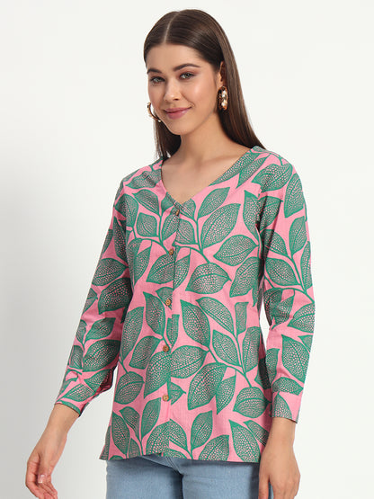 Pink Leafy V Neck Printed Shirt