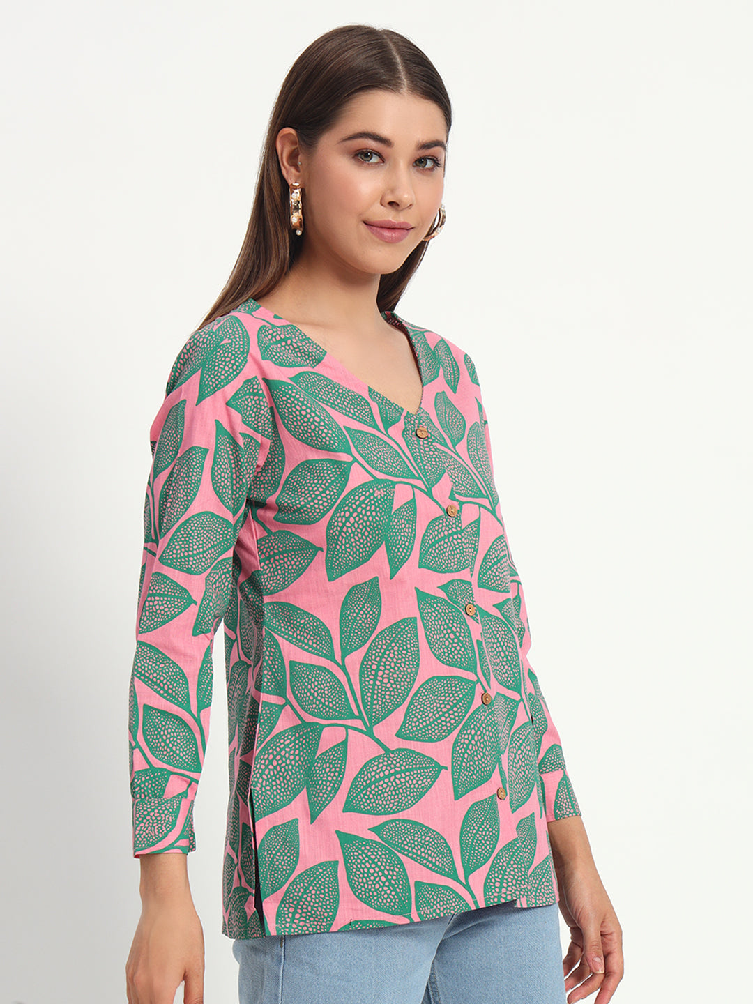 Pink Leafy V Neck Printed Shirt